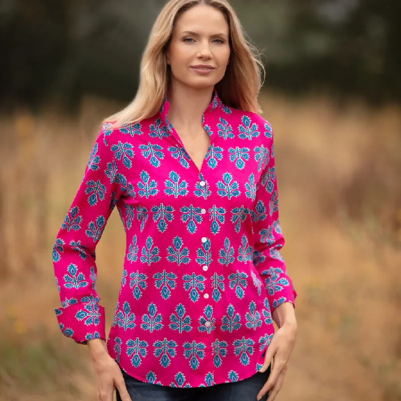 Ella Shirt In Pink & Blue Thistle Satin Blend Silk Blend Wool Blend