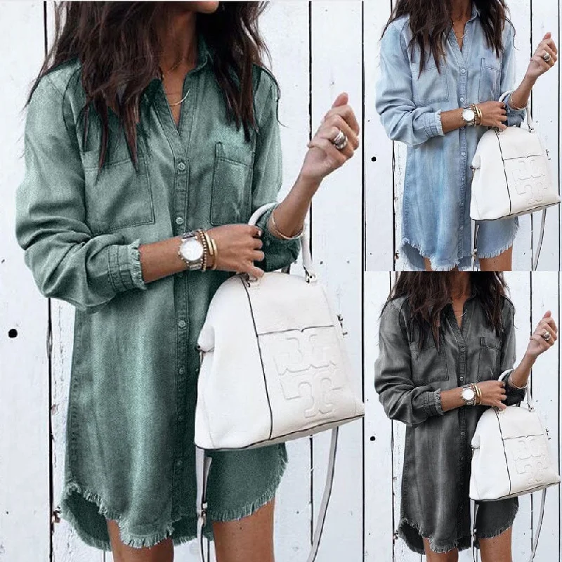 Womens Denim Shirtdress/Tunic With Tassel Trim, Long Sleeves 3 Colors Print Jacquard Patchwork Womens Denim Shirtdress/Tunic With Tassel Trim, Long Sleeves 3 Colors Print Jacquard Patchwork