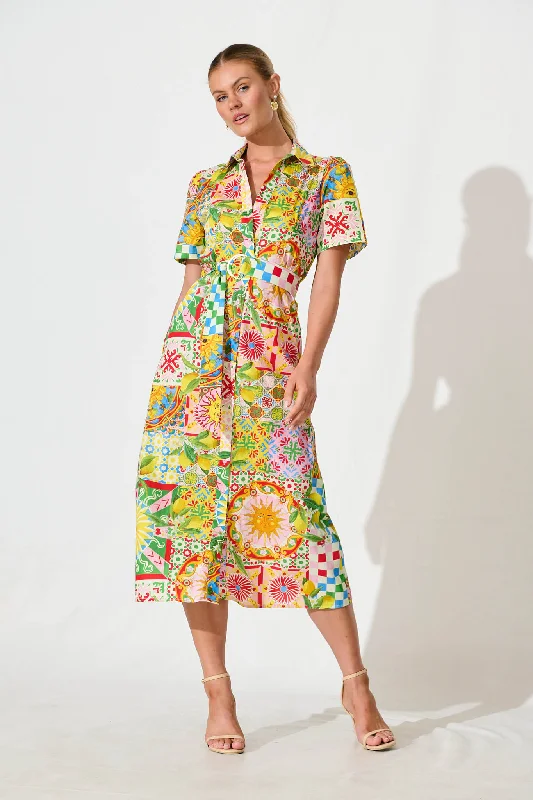 Figaro Midi Shirt Dress in Multi Patchwork Cotton Collared T-Shirt Boat Neck A-Line