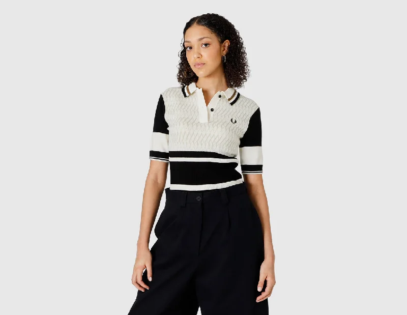 Fred Perry Women's Jacquard Knitted Shirt / Ecru Basic T-Shirt Crew Neck Short Sleeve