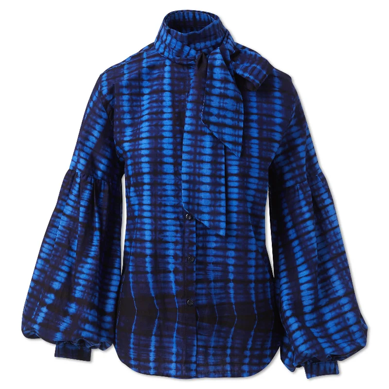 Hand-Batik Cotton Blouson Sleeve Shirt Hooded Caped Shawl Collar