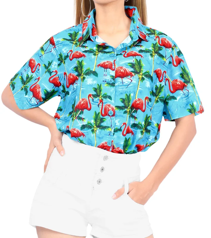 Blue Allover Palm Tree and Flamingo Printed Pardise Shirt For Women Front Pockets Side Pockets Patch Pockets Blue Allover Palm Tree and Flamingo Printed Pardise Shirt For Women Front Pockets Side Pockets Patch Pockets