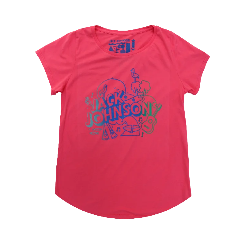 Ladies Coral Doodle Tee Collared T-Shirt Boat Neck A-Line