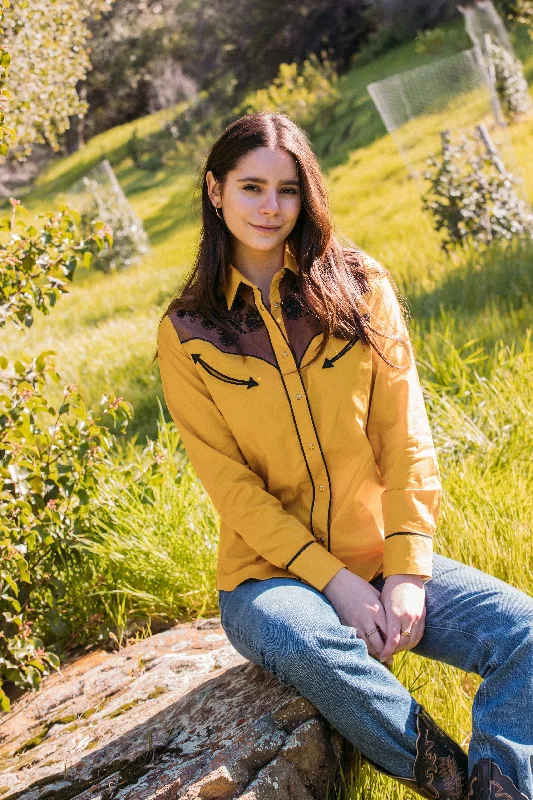 Ladies Cotton Mustard Embroidery Western Shirt With Suede Notch Collar Peter Pan Collar Cowl Neck Ladies Cotton Mustard Embroidery Western Shirt With Suede Notch Collar Peter Pan Collar Cowl Neck