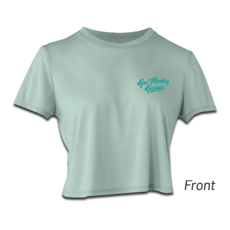 Ladies Fall Days Cropped Tee - Mint Asymmetrical Pockets Print