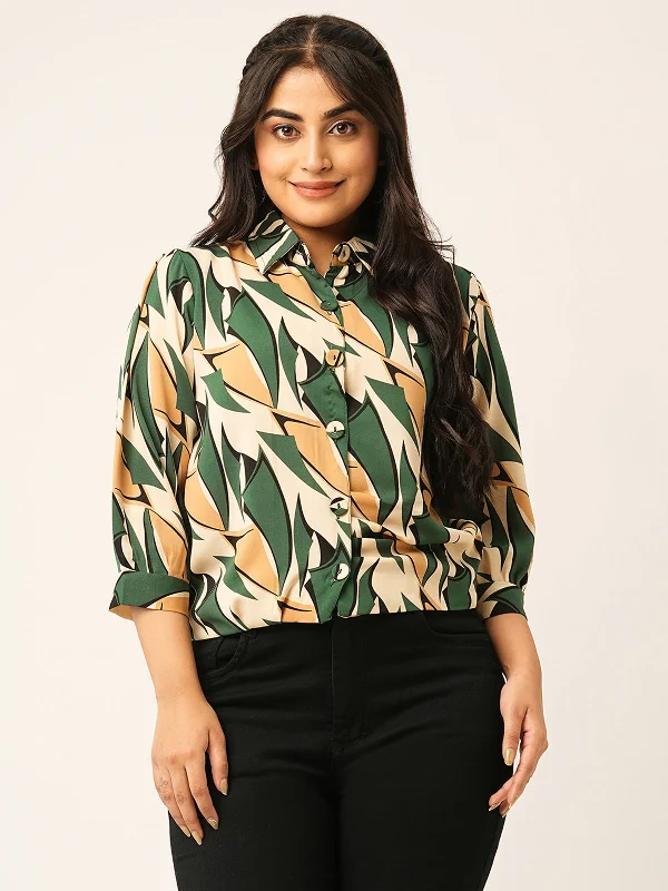 Odette Green Synthetic Printed Stitched Shirt For Women Zippered Front Buttoned Front Snap Front Odette Green Synthetic Printed Stitched Shirt For Women Zippered Front Buttoned Front Snap Front