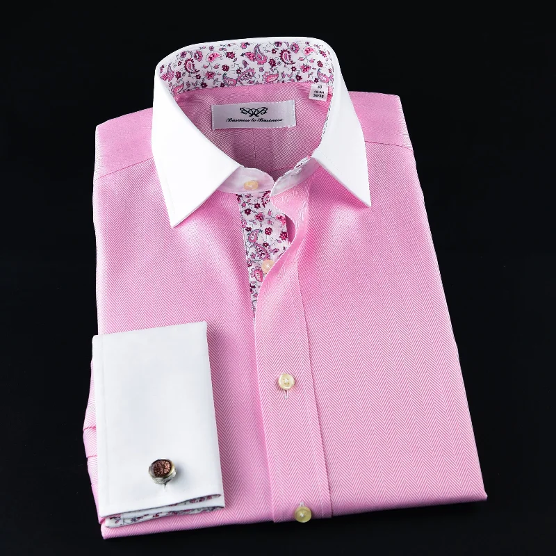 Pink Herringbone WInchester Dress Shirt Formal Contrast Collar and French Cuff Business Fashion Design Zippered Front Buttoned Front Snap Front