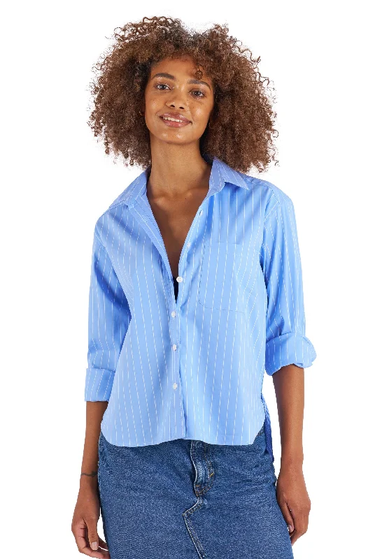 Rita Sky Blue Stripes Boxy Fit Cotton Shirt Sequined Glittery Shiny
