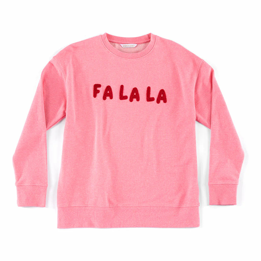 SHIRALEAH "FA LA LA" HOLIDAY SWEATSHIRT IN BUBBLEGUM Chenille Fabric Brocade Fabric Lace Fabric SHIRALEAH "FA LA LA" HOLIDAY SWEATSHIRT IN BUBBLEGUM Chenille Fabric Brocade Fabric Lace Fabric
