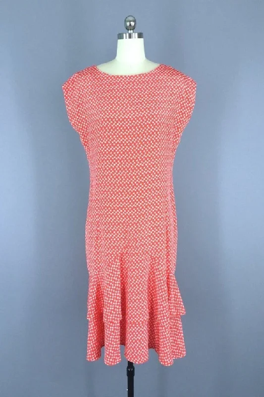 1980s Vintage Drop Waist Day Dress with Umbrella Novelty Print