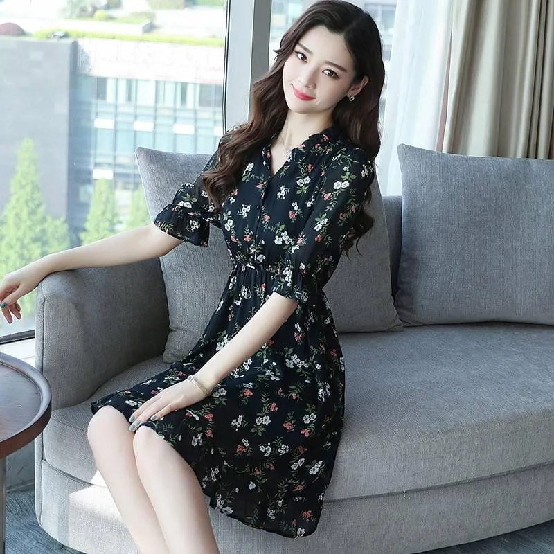 2020 Womens V-Neck Boho Floral Chiffon Summer Party Evening Beach Short Mini Dresses Sundress Trendy Tulle Mini Dress