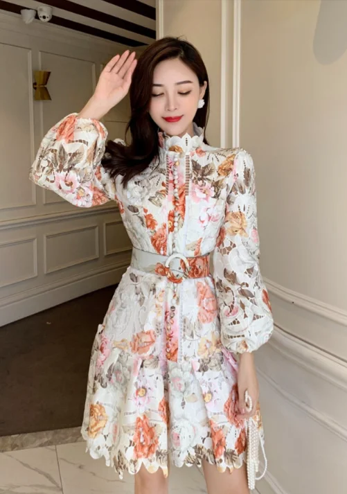 Women Stand Collar Lantern Sleeve High Waist Mini Dress Classic Floral Mini Dress