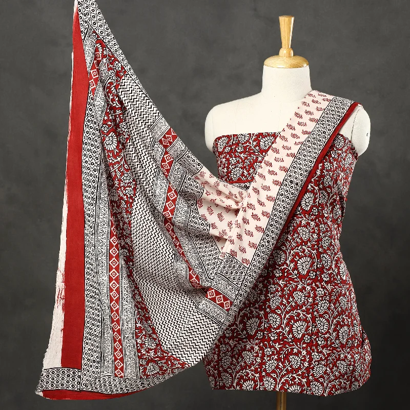Red - 3pc Bagh Print Cotton Dress Material Set 45