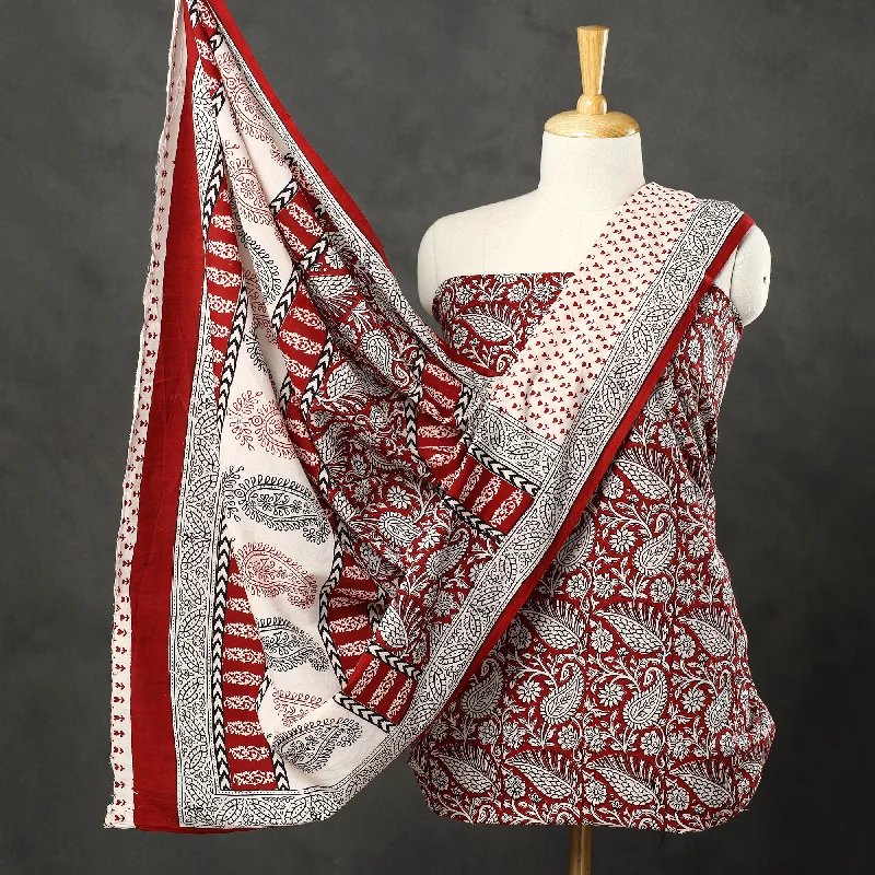 Red - 3pc Bagh Print Cotton Dress Material Set 47