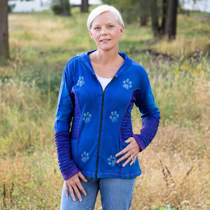 Blue & Purple Stonewashed Paw Print Hooded Jacket | Fair Trade Belted Jacket Elasticated Jacket Padded Jacket