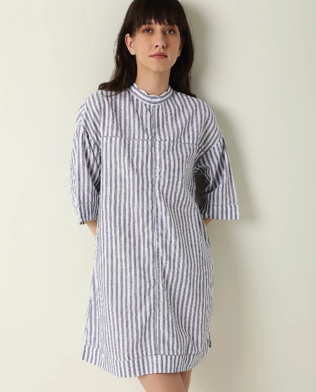Rareism Women Abutilon Blue Striped Band Collar 3/4 Sleeves Mini Dress Classic Solid Mini Dress