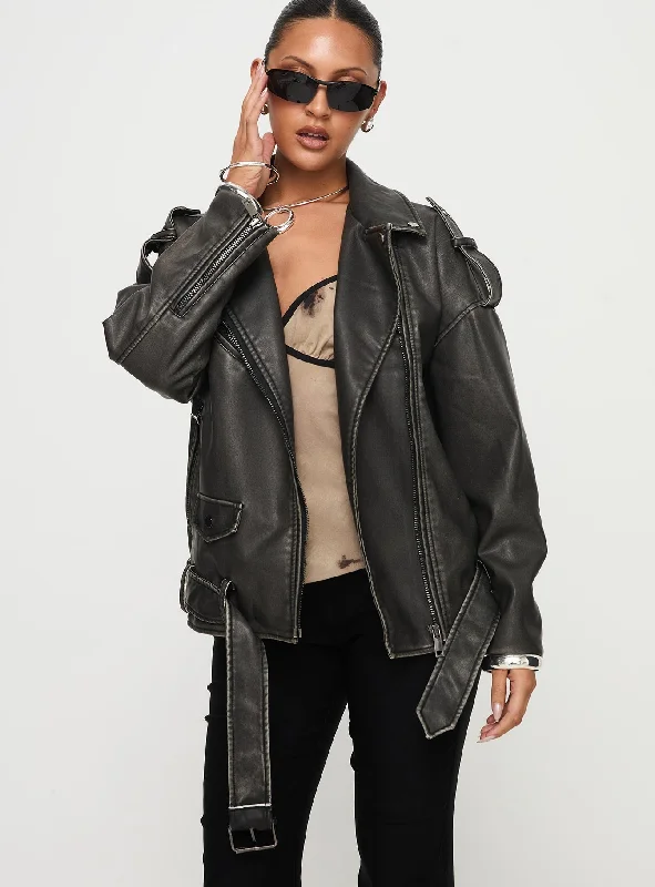 Ace Biker Jacket Black A-Line Jacket Boat Neck Shawl Collar