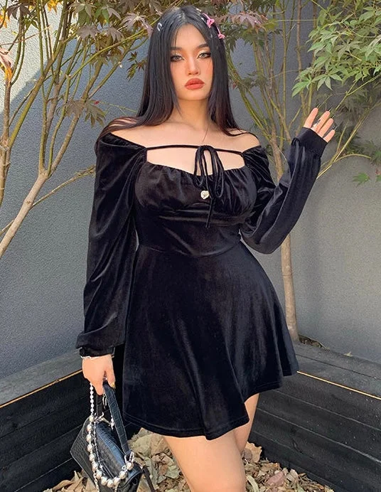 Amari Solid Color Black Velour Long Sleeve Mini Dress Cozy T-Shirt Mini Dress