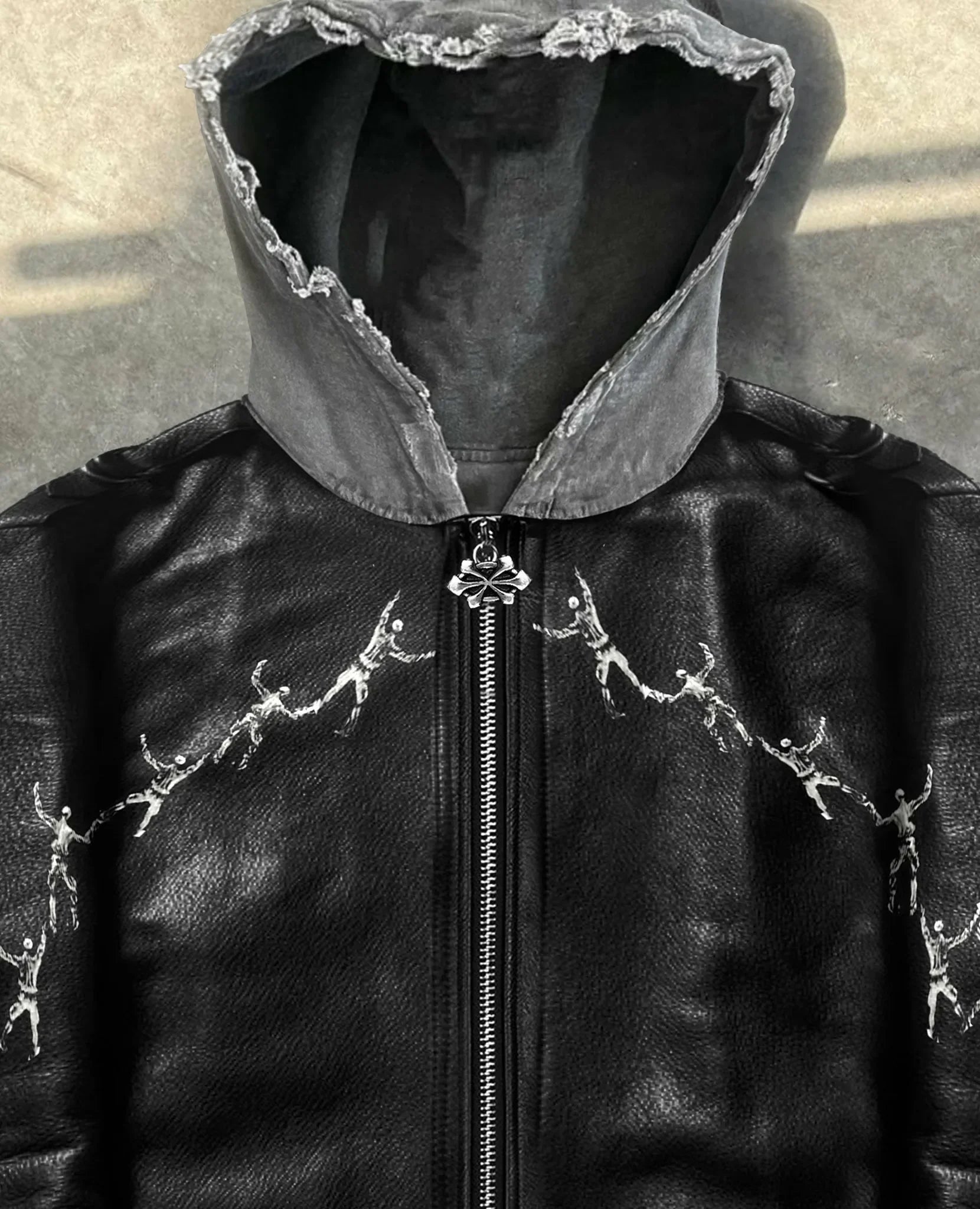 American New Trend Retro Punk Graphic Leather Hooded Jacket Men's and Women's Y2K Harajuku Hip-Hop Gothic Casual Joker Warm Coat Appliqued Jacket Beaded Jacket Sequined Jacket