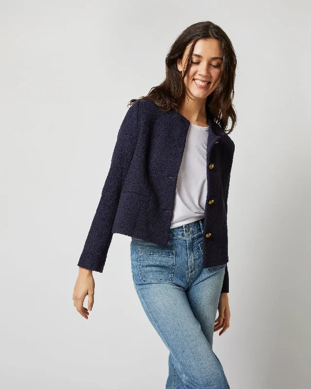 Megan Cardigan Jacket in Navy Bouclé Tweed Rayon Fabric Velvet Fabric Corduroy Fabric