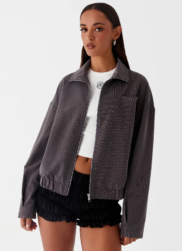 Annelotta Jacket - Grey Pinstripe Zip Front Button Front Snap Front