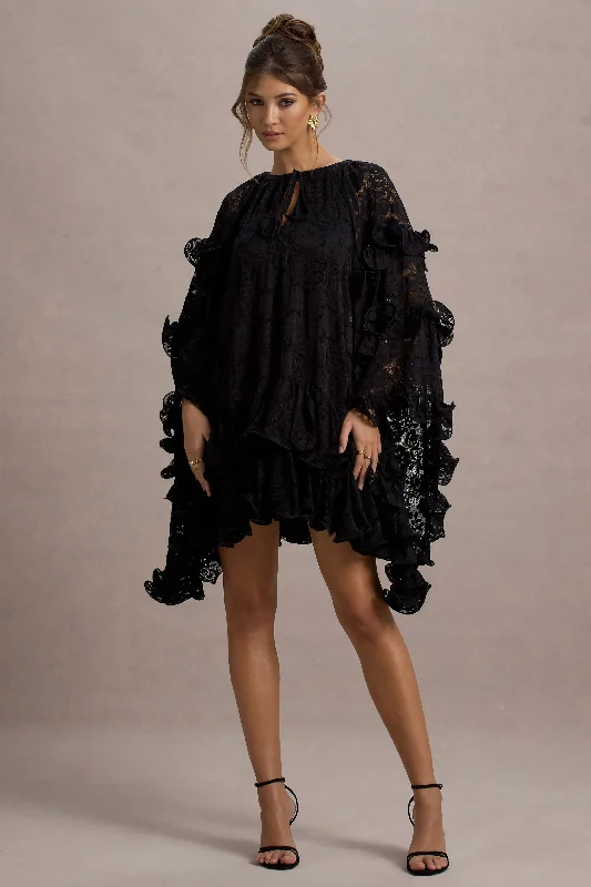 Arlington | Black Lace Cape-Sleeve Mini Dress Trendy Mini Dress with Belt