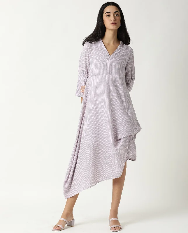 Rareism Women Astrid Pastel Purple V Neck 3/4 Sleeves Asymmetric Knee Length Dress