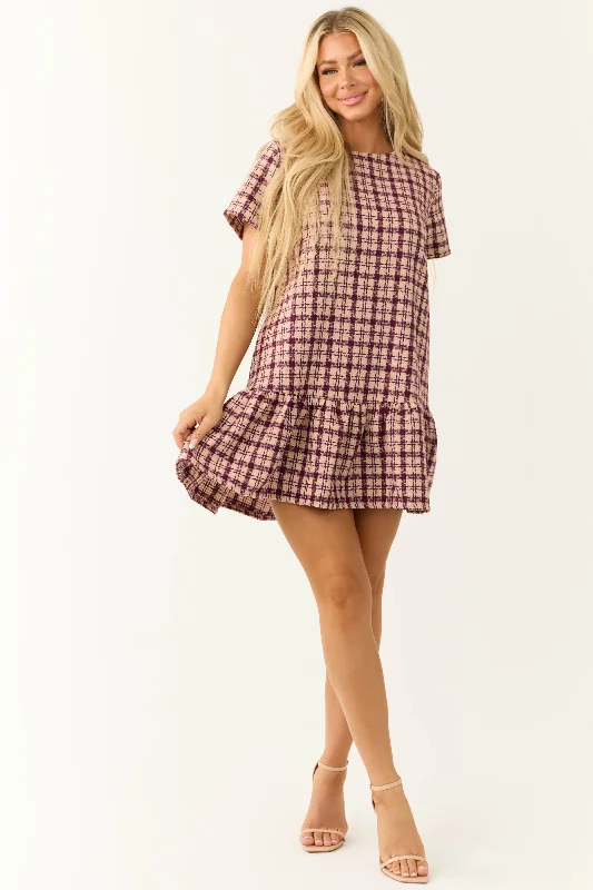 Beige and Plum Short Sleeve Plaid Tweed Mini Dress Classic Black Mini Dress