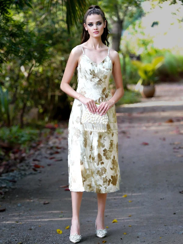 Odette Women Beige Printed Polyester Satin Stitched Dress