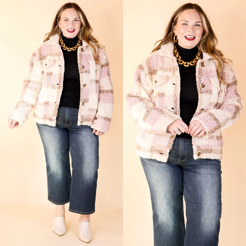 Better in Brooklyn Plaid Button Up Sherpa Jacket in Pink and Ivory Mesh Jacket Canvas Jacket Denim Jacket