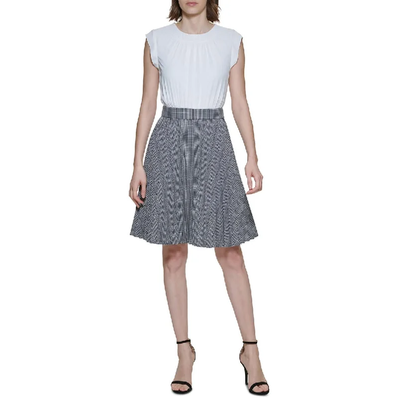 Womens Mixed Media Shutter Pleat Fit & Flare Dress