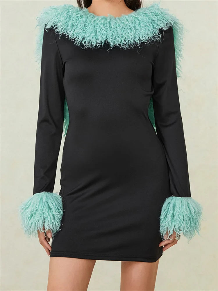 Plush Collar Backless Slim Fit Mini Dresses Fashionable Button-Front Mini Dress