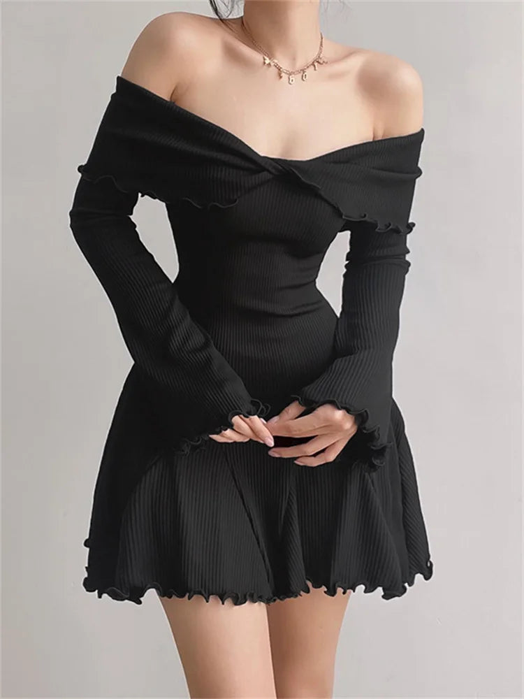 Long Flare Sleeve Ribbed Slash Neck Mini Dresses Classic Black Mini Dress