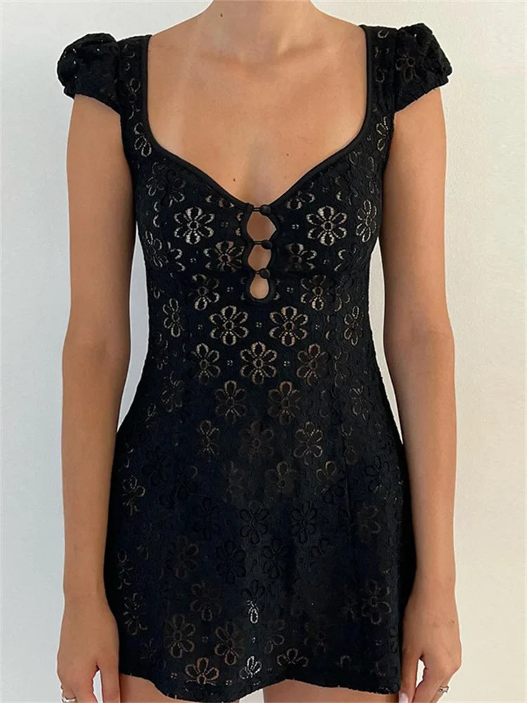 Lace Floral V-neck A-Line Mini Dresses Stylish Ruffle Mini Dress
