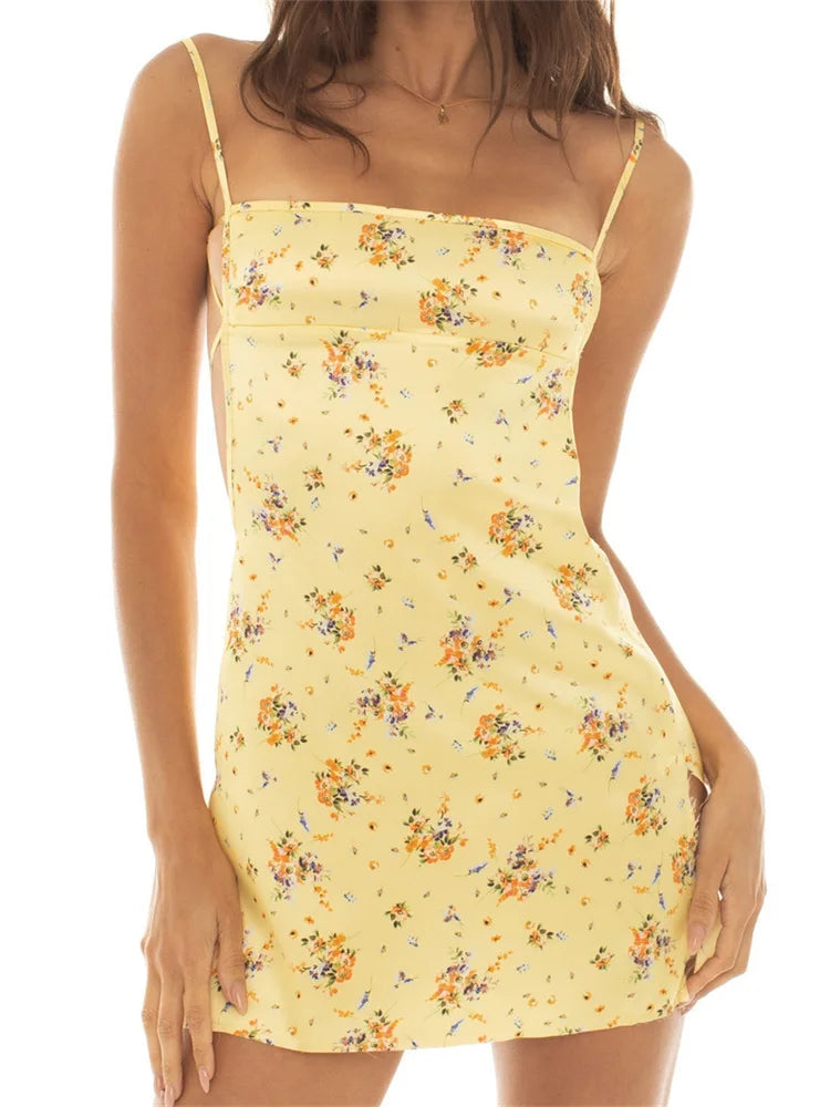 Vintage Satin Backless Tie-Up Mini Dresses Stylish Floral Print Mini Dress