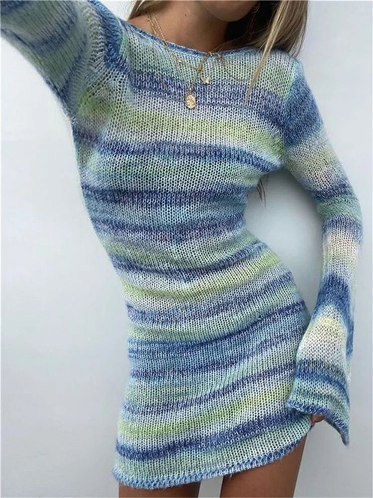 Colorful Striped Y2K Knitted Bodycon Mini Dresses Stylish Spaghetti Strap Mini Dress