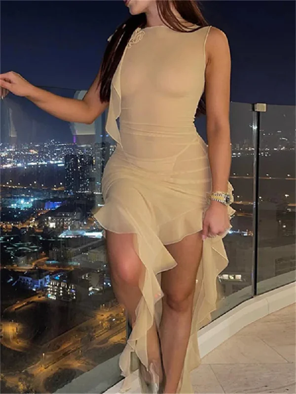 3D Mesh See Through Irregular Hem Mini Dresses Classic Black Mini Dress