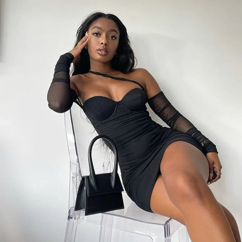Sexy Black Mesh Long Sleeve Mini Dresses Comfortable Polka Dot Mini Dress