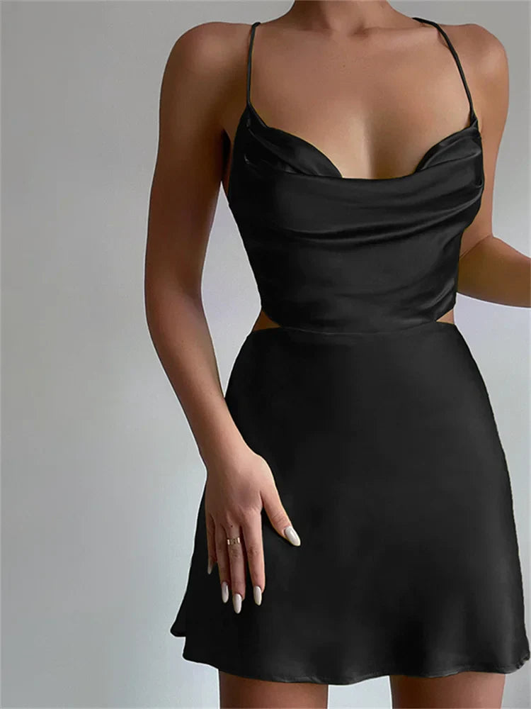 Backless Lace Up Satin Mini Dresses Comfortable Zip-Up Mini Dress