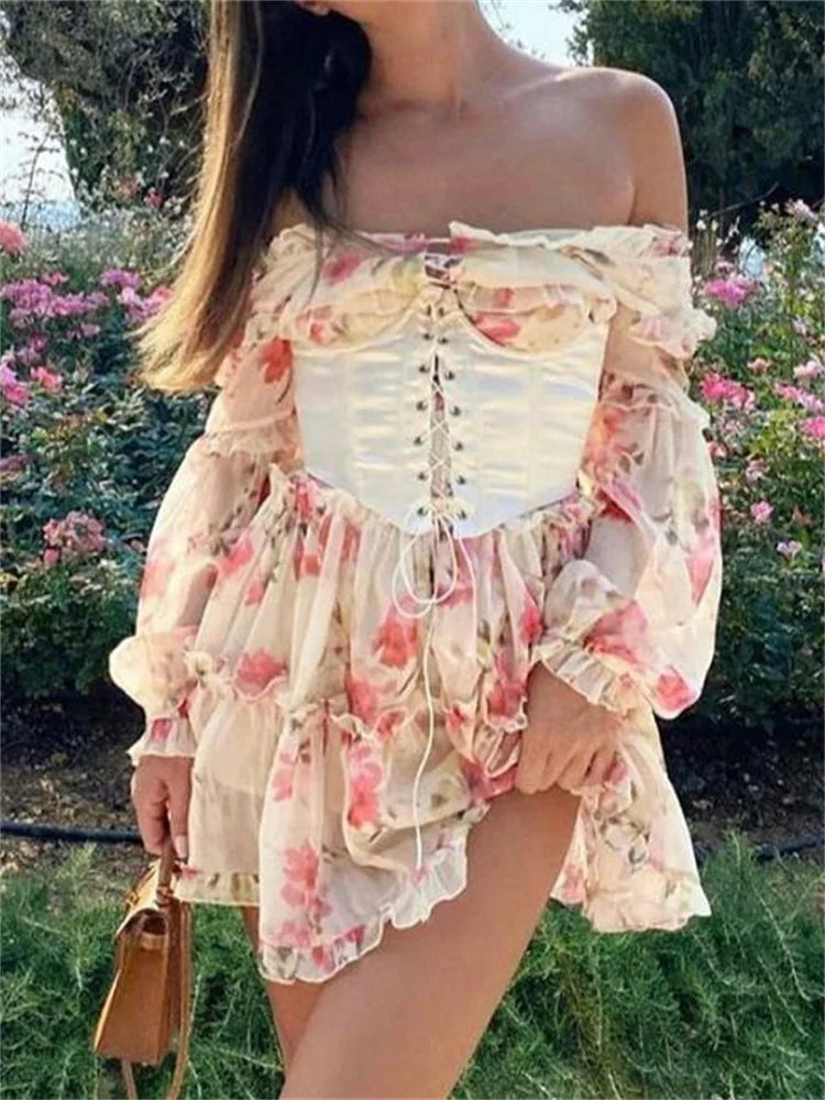 Off-Shoulder 3D Flowers Long Sleeve Mini Dresses Comfortable Casual Mini Dress