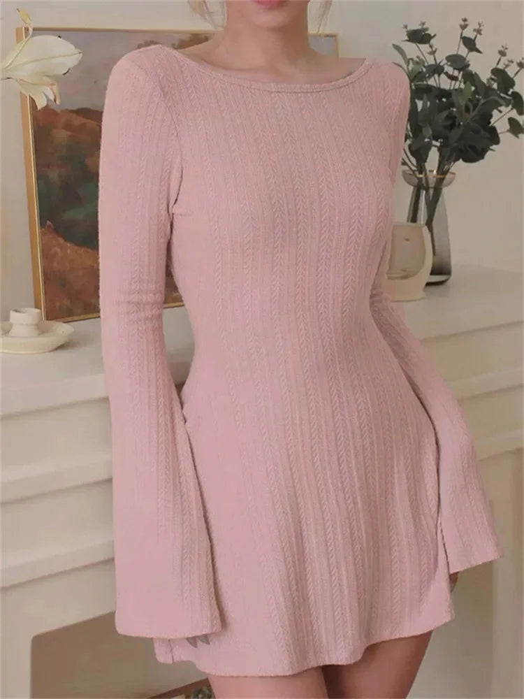 Slim Fit O-neck Solid Party Mini Dresses Comfortable Casual Mini Dress