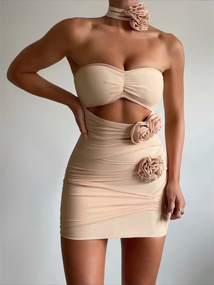 3D Flower Hollow Out Slim Party Mini Dresses Classic Casual Mini Dress