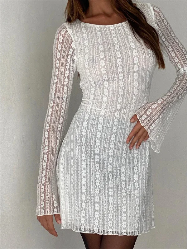 Mesh See Through Round Neck Mini Dresses Comfortable Linen Mini Dress