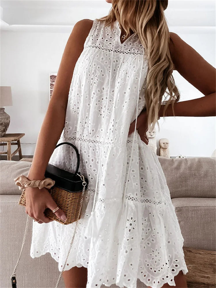 Boho Plain Lace Hollow Out Party Mini Dresses Fashionable Lace-Trim Mini Dress
