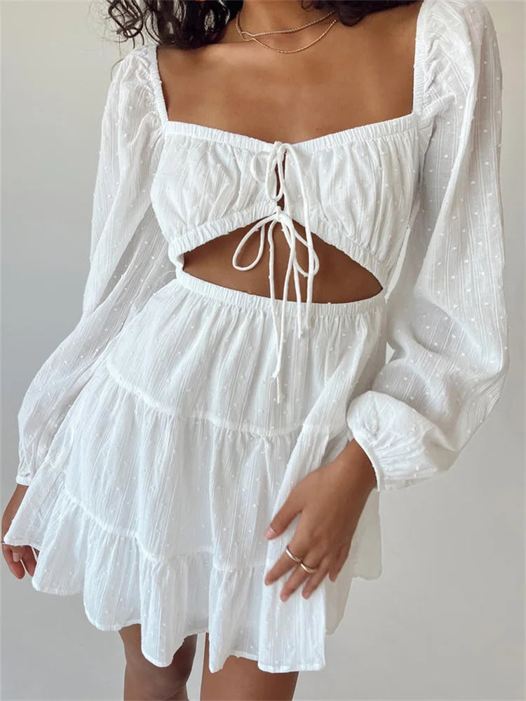 Spring Autumn Lace-Up Long Sleeve Mini Dresses Cozy Knit Mini Dress