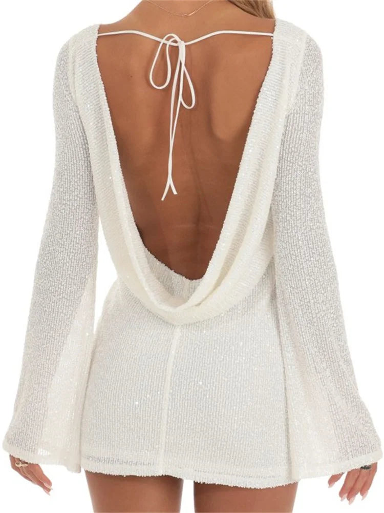 Sparkle Sequined Backless Ruched Mini Dresses Elegant Off-Shoulder Dress Mini