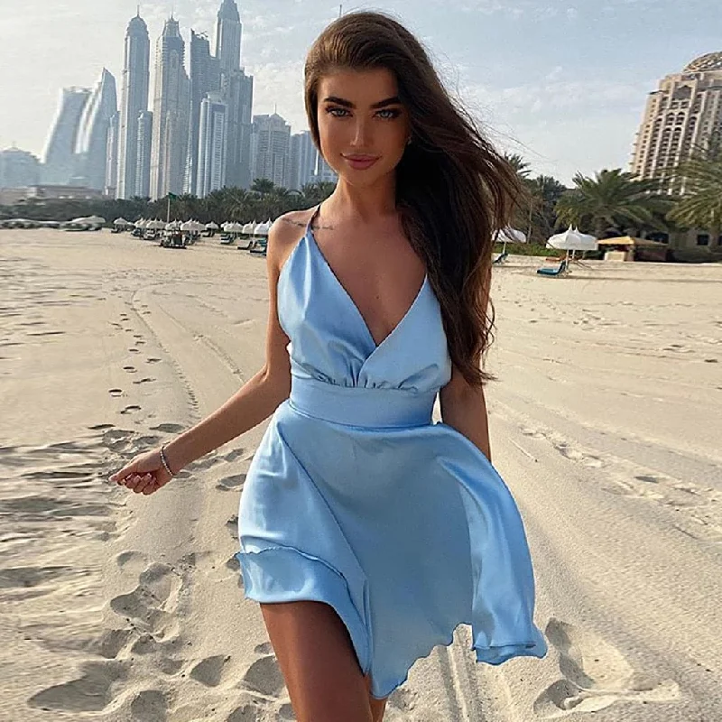 Summer Strap Satin Sexy Backless Mini Dress Trendy Camisole Mini Dress
