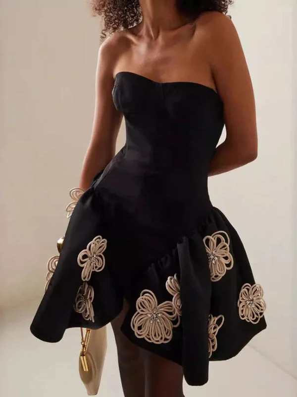 Blue Zone Planet | Black Floral Bandage A-Line Mini Dress with Tutu Stylish Short-Sleeve Mini Dress