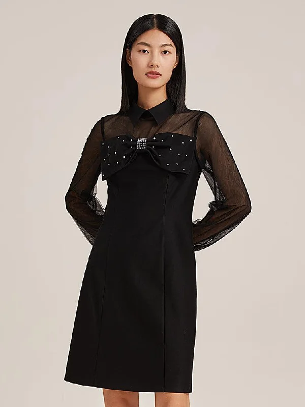 Black See-Through Bow Mini Dress Cozy Cotton Mini Dress