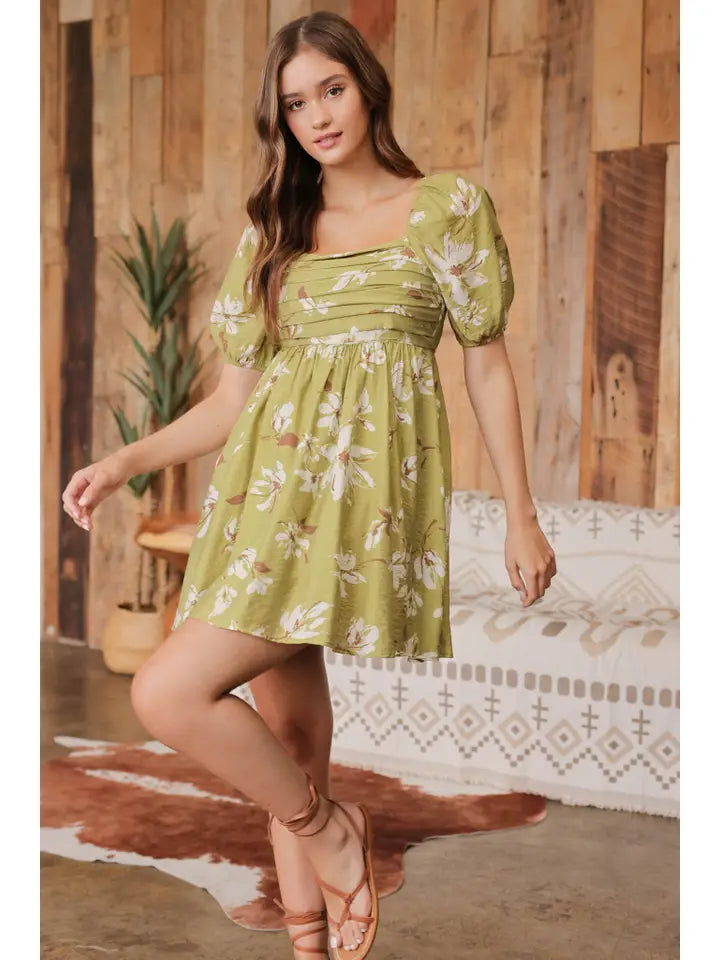 FLORAL PUFF SLEEVE MINI DRESS Elegant Satin Lace Mini Dress